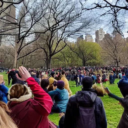 Image similar to a crowd of people watching and waving to a departing ufo in Central Park