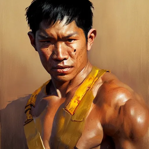 Image similar to greg manchess portrait filipino fighter struck in chestplate with a sword, organic painting, sunny day, matte painting, bold shapes, hard edges, street art, trending on artstation, by huang guangjian, gil elvgren, ruan jia, randy vargas, greg rutkowski