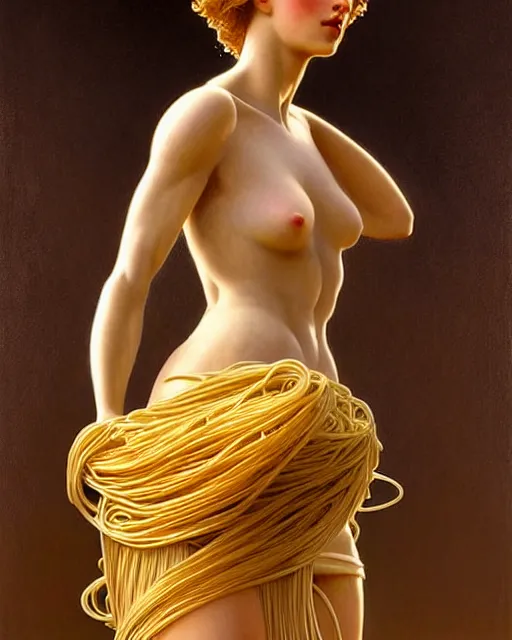 Image similar to statue of a gorgeous woman, made of spaghetti, daylight, backlit, diffuse lighting, fantasy, intricate, elegant, highly detailed, lifelike, photorealistic, digital painting, artstation, illustration, concept art, sharp focus, art by john collier and albert aublet and krenz cushart and artem demura and alphonse mucha
