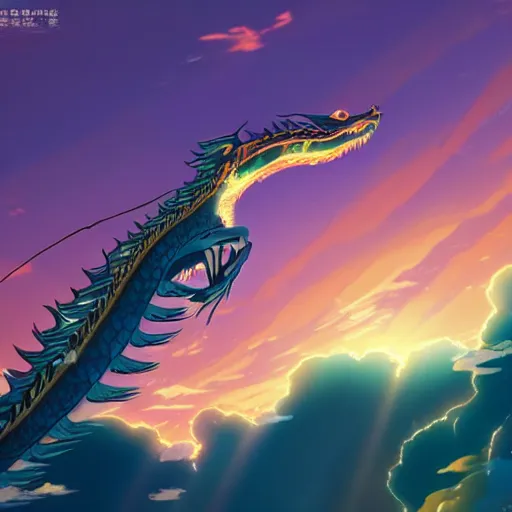 Prompt: Chinese dragon flying through a beautiful sunset sky, lighting, highly detailed, by Makoto Shinkai.