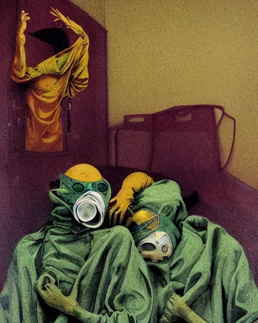 Prompt: Two skinny exhausted doctors wearing gas masks, draped in silky gold, green and pink, inside a decaying hospital room, outside a storm rages, in the style of Francis Bacon, Esao Andrews, Zdzisław Beksiński, Edward Hopper, surrealism, art by Takato Yamamoto and James Jean