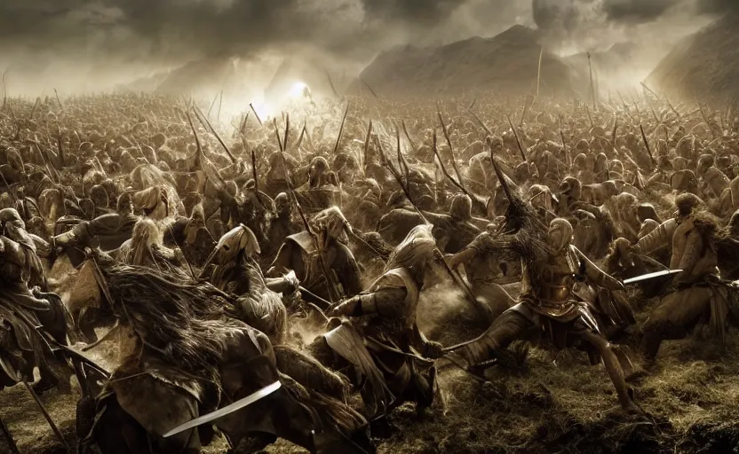 Image similar to stunning photograph of the battle of the pelennor fields, detailed, by erwin olaf, joop geesink, jim henson, brian froud, 8 k resolution, beautiful lighting, studio light, extremely detailed, establishing shot, realistic materials, hyperrealistic