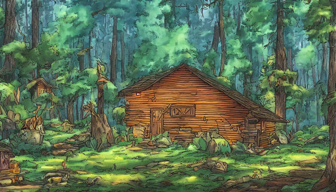 Image similar to a clearing in a forest with a cabin, Disney cartoon, animation, high detail, colorful