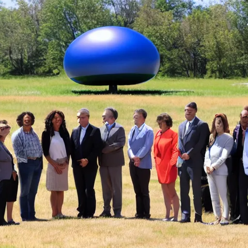 Prompt: group of people, politicians, and reporters standing in a grassy field surrounding a spherical starship. as seen from a distance. slightly raised angle.