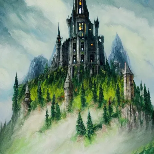 Prompt: light oil painting of tolkien inspired high castle with wizard towers and walls, elegant architecture on top of a green forest, artstation