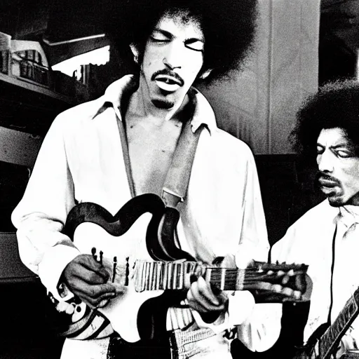 Image similar to bob dylan punching jimi hendrix, photograph