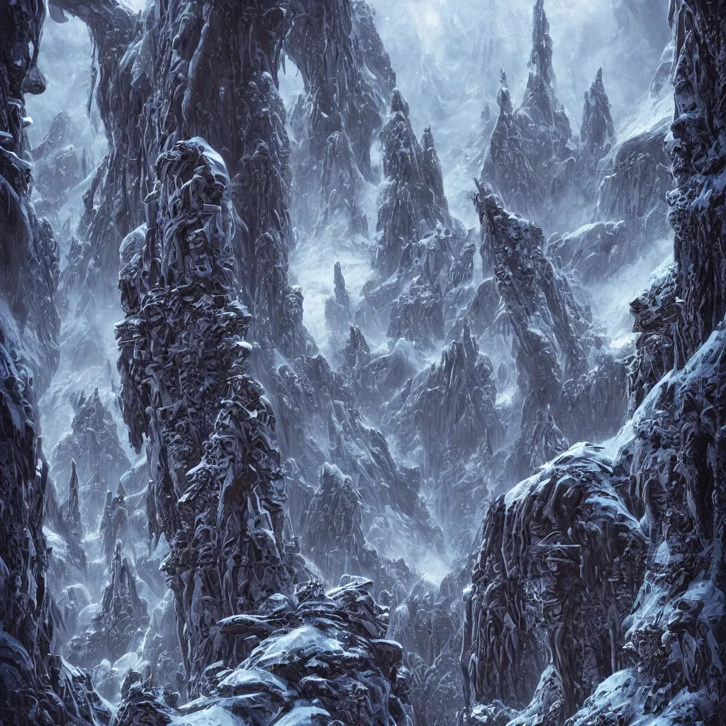 Image similar to frozen ancient alien cityscape in the mountains of antarctica, upward cinematic angle, by rodney matthews, michael kaluta, and john byrne, fantasy art, evil atmosphere, winter night aesthetics, stunning composition, alien faces, monstrous behemoth statues, intricate, strange, elegant, digital art, hyperdetailed towers, colorful hyperrealism, brilliant photorealism, masterpiece, 8k