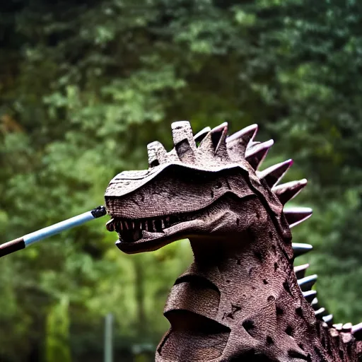 Image similar to dinosaur smoking a cigarette realistic 8 k hdr 3 5 mm