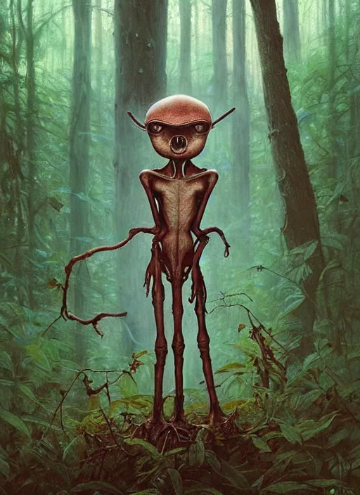 Image similar to cute alien in the woods by a river gorgeous lighting, lush forest foliage blue sky a hyper realistic painting by chiara bautista and beksinski and norman rockwell and greg rutkowski, tom bagshaw weta studio, and lucasfilm