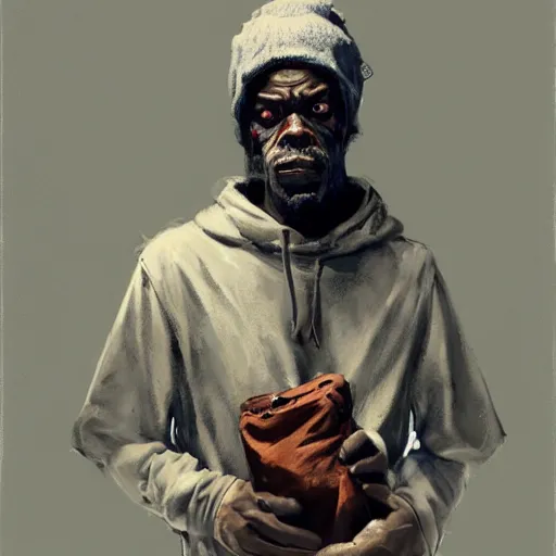 Prompt: Tyrone biggums scratching himself wearing a hobo costume portrait greg rutkowski Dragan Bibin Pete Mohrbacher Raymond Swanlandy stephan matiniere