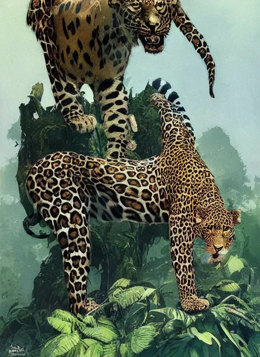 Image similar to a full body portrait of a jungle queen with a leopard, intricate, elegant, highly detailed, vivid colors, john park, frazetta, sparth, ruan jia, jeffrey catherine jones