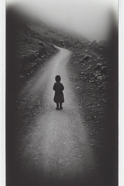 Image similar to photo polaroid of a sad and lonely child in the middle of a mountain road , Nepal,Himalayas, loneliness,,tahr , black and white ,photorealistic, 35mm film,