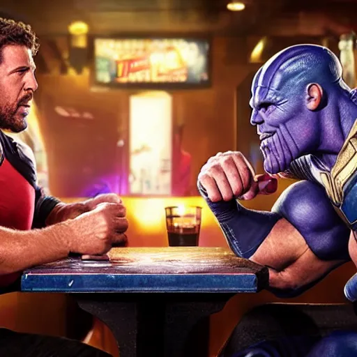 Image similar to a photograph of Adam Sandler arm wrestling Thanos in a bar. Dimly lit, a crowd is watching, emotional faces, realistic, grimy atmosphere