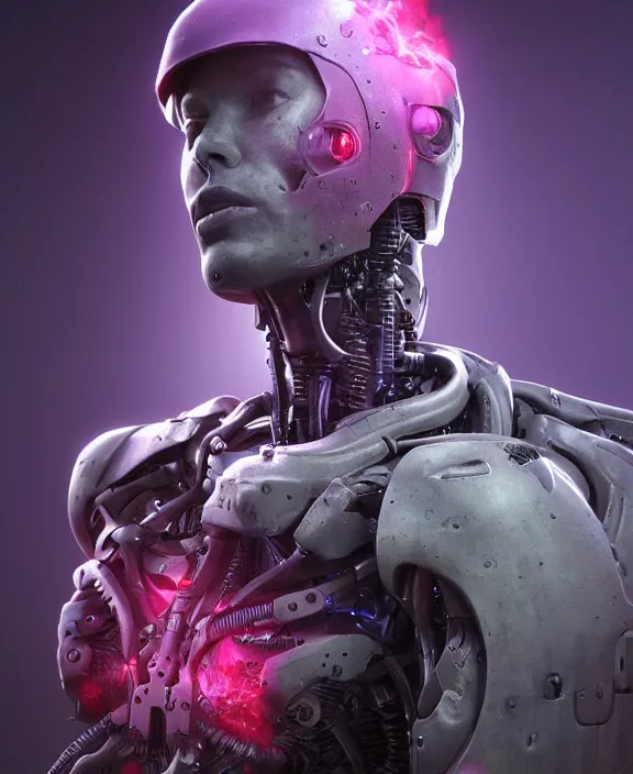 Image similar to an upper body portrait of a cyborg soldier burning with purple fire, by hr giger and beksinski and stephan martiniere, 4 k resolution, detailed, 3 d render, unreal engine, octane render, trending on artstation