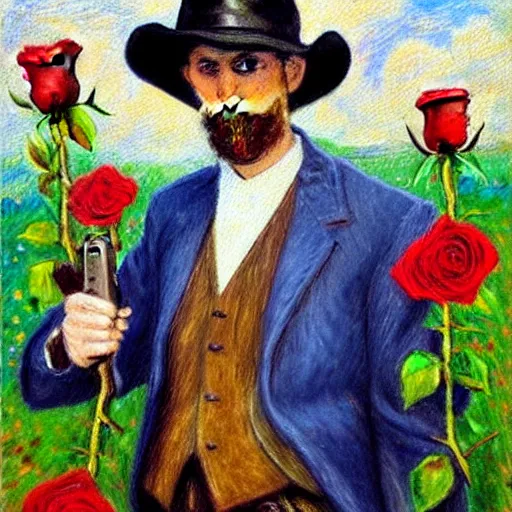 Image similar to an impressionist painting of a tall man with blue eyes and brown hair that is wearing a wide brim leather hat and a leather vest. He is holding a revolver in his left hand and a ((((red rose is in his right hand))))!!!!!!!!!!!, He is standing in a field of roses, Blue sky in the background, trending on artstation