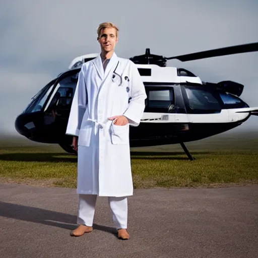 Image similar to blond male doctor in white robe in front of helicopter, epic lighting, drawing