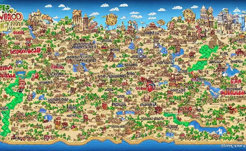 Prompt: super mario world map of las vegas, antiquated, stained, cartography, photorealistic