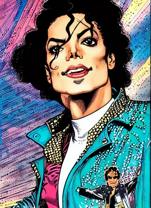 Prompt: dynamic macro head portrait of beautifu michael jackson super hero in white sequined jacket by cory walker and ryan ottley and jack kirby and barry windsor - smith, comic, illustration, photo real