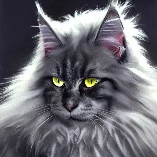 Image similar to a big old menacing dark grey maine coon cat with white belly, white paws and white face markings with long fur and fluffy tail, sitting, intricate, elegant, highly detailed, digital painting, artstation, concept art, matte, sharp focus, illustration, art by Artgerm and Greg Rutkowski and Alphonse Mucha