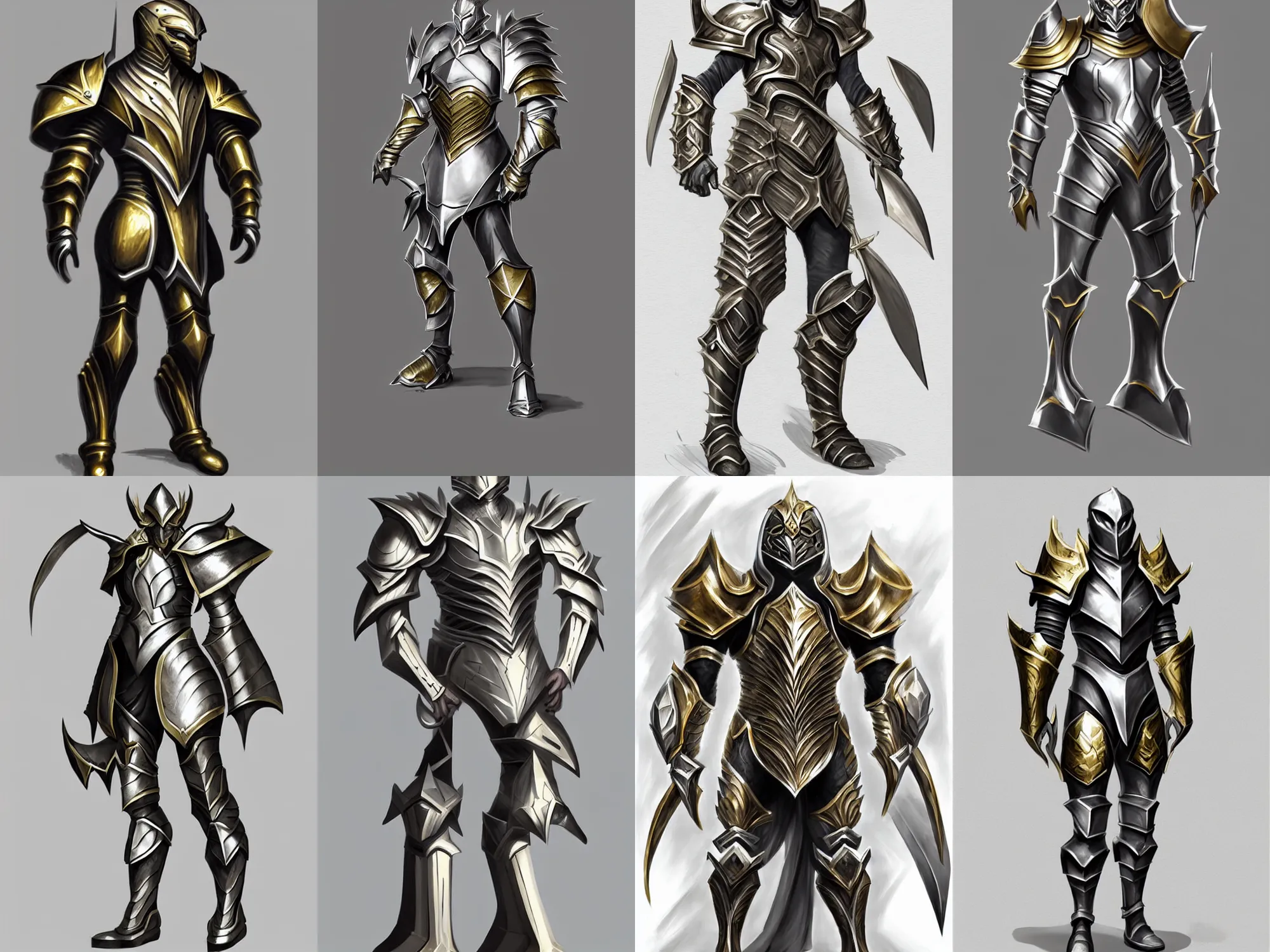 Prompt: fantasy armor, big shoulders, concept sketch, silver with gold trim, extremely polished, heavy exaggerated proportions, flat shading, smooth, uncluttered, extremely clean, fantasy character portrait, professional concept art, front view, A-pose, full body