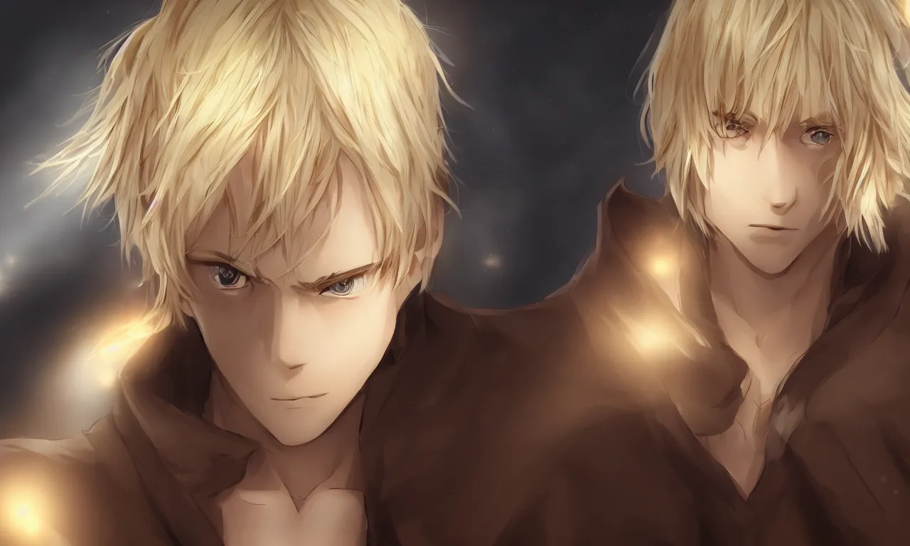 Image similar to portrait, blonde boy with golden eyes wearing a brown cape, anime screenshot, mappa studio artstyle, hyper realistic, pale skin, extreme detail, trending artstation, hd, fantasy, realistic lighting, sharp focus, backlit