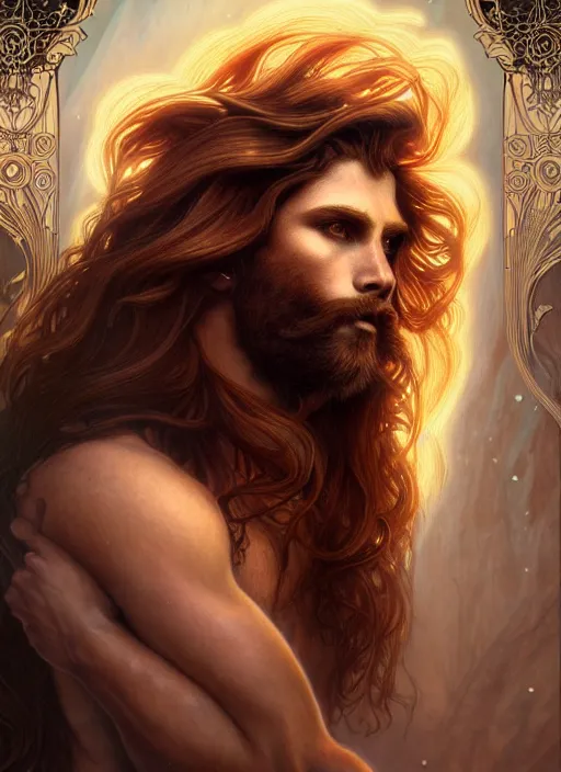 Image similar to portrait of demigod hercules, long wavy auburn hair, lion mane, glowing eyes, volumetric lights, forest, art nouveau botanicals, gothic, intricate, highly detailed, digital painting, artstation, concept art, smooth, sharp focus, symmetric face, illustration, steampunk, art by artgerm and greg rutkowski and alphonse mucha