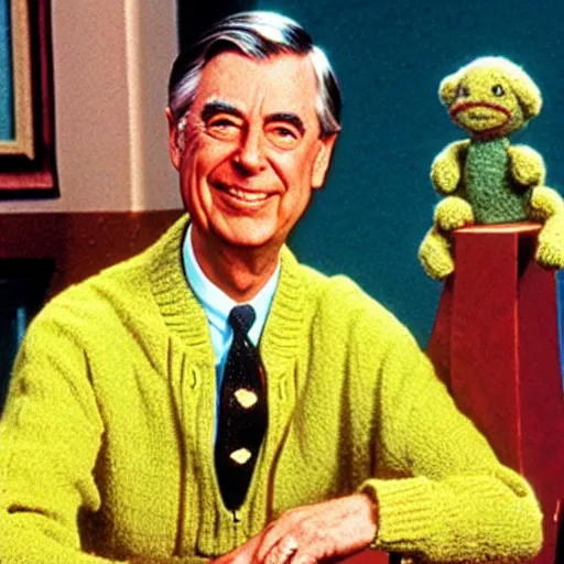 Image similar to mr. rogers with two heads and six arms.