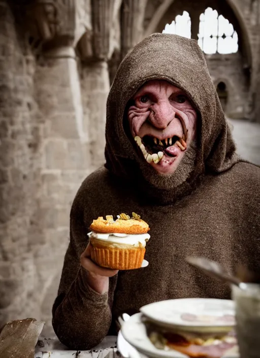 Image similar to closeup portrait of a medieval goblin eating cakes in the cloisters, depth of field, zeiss lens, detailed, symmetrical, centered, fashion photoshoot, by Annie Leibovitz and Steve McCurry, David Lazar, Jimmy Nelsson, Breathtaking, 8k resolution, extremely detailed, beautiful, establishing shot, artistic, hyperrealistic, beautiful face, octane render