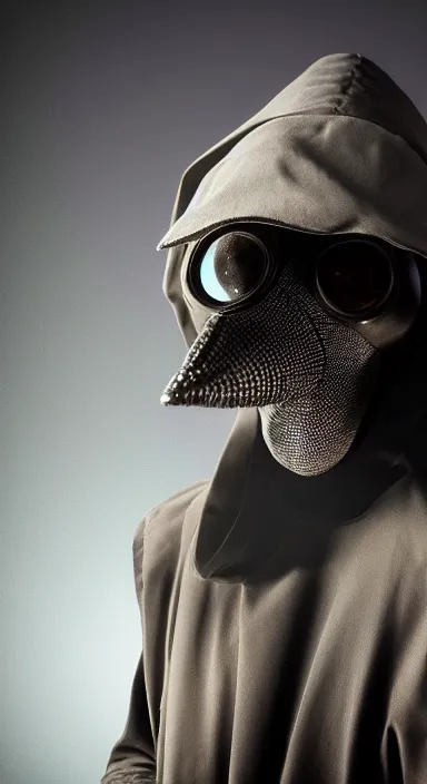 Image similar to high quality picture of a cybernetic plague doctor with his characteristic beaked mask, studio lighting, 4K, high detail