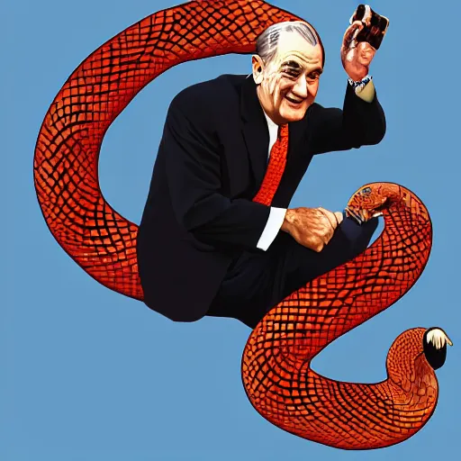 Prompt: Lyndon B Johnson riding a jumbo snake, digital art