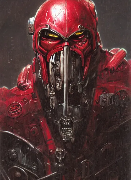 Image similar to portrait of rotten Nicolas Cage as adeptus mechanicus in red hood and robe from Warhammer 40000. Highly detailed, artstation, illustration by and John Blanche and zdislav beksinski and wayne barlowe