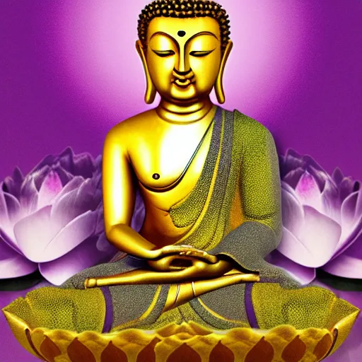 Image similar to The Buddha sitting on a purple Lotus Flower + Buddhist Art + Depth of Field + 4k resolution