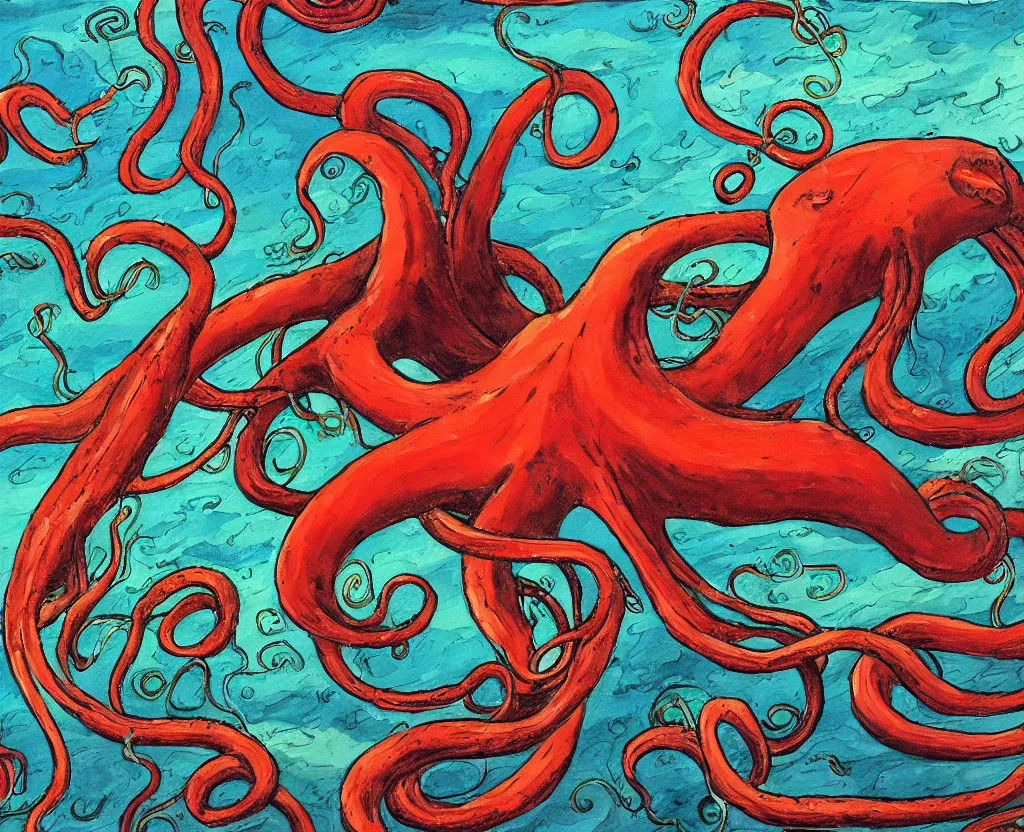 Image similar to a painting of a giant squid with evil tentacles menacing the world, saturated color scheme