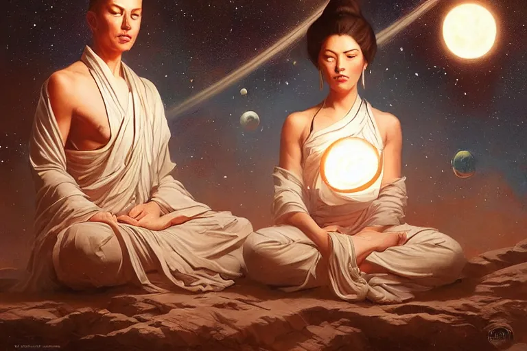 Image similar to space, buddhism, taoism, painting by greg rutkowski, j. c. leyendecker, artgerm