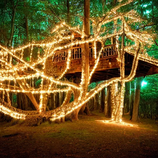 Image similar to a professional photograph of a treehouse in a forest covered in fairy lights, HD, high quality, highly detailed, award-winning