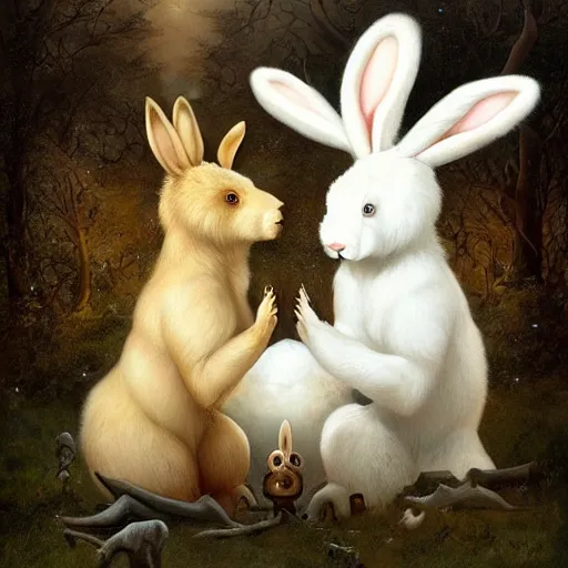 Prompt: a bear and a bunny chimera with the size and strength of a bear, The white color and long bunny ears of a bunny and golden brown antlers. Peter Mohrbacher. George Stubbs