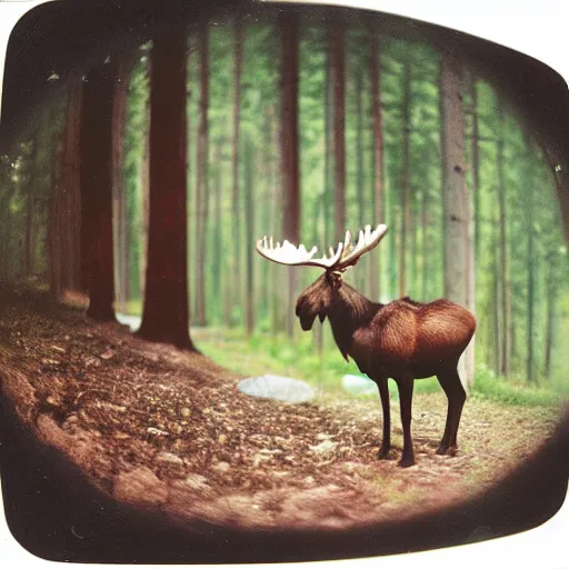 Prompt: close - up fisheye polaroid of a moose, kodachrome