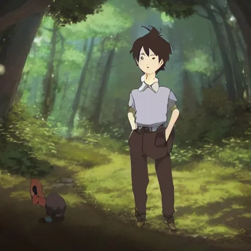 Image similar to friendly guy and small creature , with Fragile looking character portrait face made in Studio Ghibli artstyle ,highly detailed art, beautiful scene, sharp focus, smooth, 8k, anime art, fantasy, style in ghibli anime style, fantasy, island, forest, ghibli animal in 8k