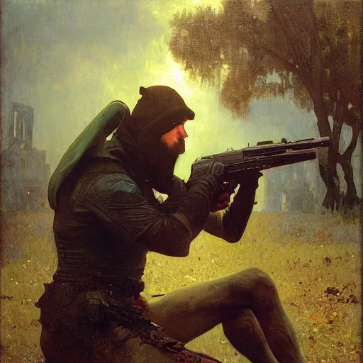 Image similar to half portrait of squirell with a gun! jeremy mann, jean leon gerome, alphonse mucha, greg rutkowski, hood covers his eyes, ( ( ruins of ancient rome ) ), at dusk, mysterious atmosphere, sunrays, dof, masterpiece, high detailed, 8 k