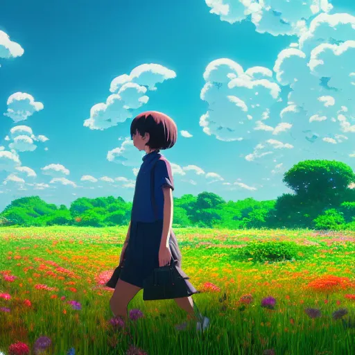 Image similar to a beautiful ultra - detailed panorama of a girl walking through a field of colorful flowers by beeple, studio ghibli, makoto shinkai, wallpaper, highly detailed, trending on artstation, anime