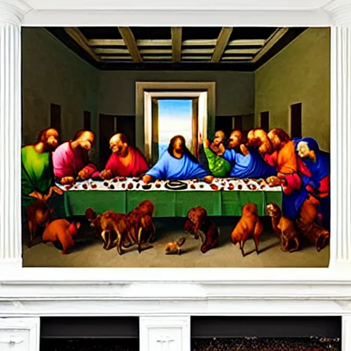 Image similar to painting of the last supper with dogs, mural by michelangelo
