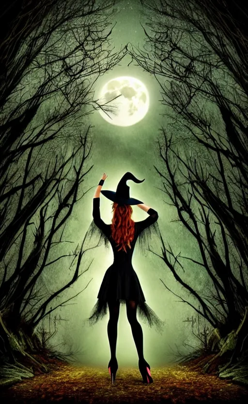 Image similar to witch standing pose in an enchanted forest wearing high heels under a full moon, fantasy gothic art style