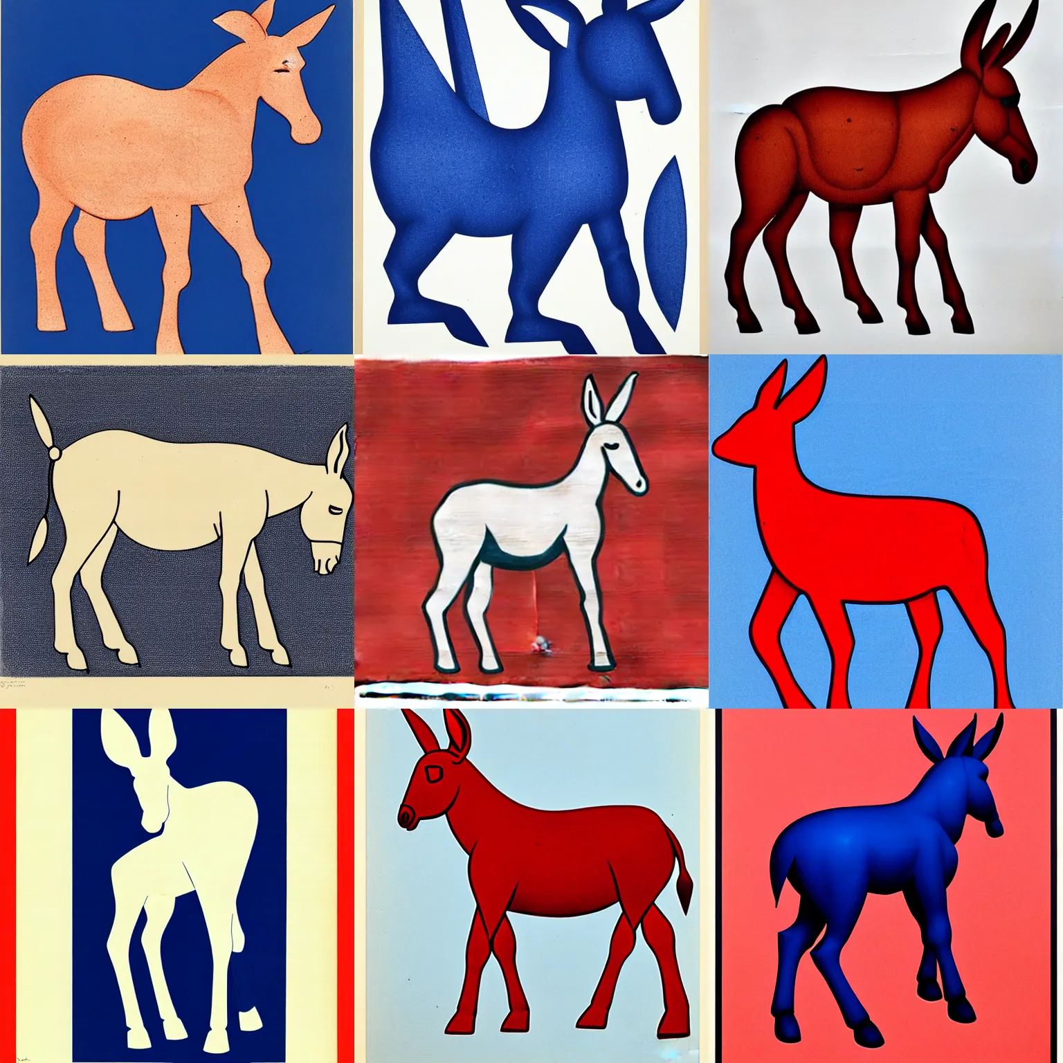 Prompt: lithograph side view of standing donkey with ears up against white background, duotone!, cycladic! sculptural style, wood print, stamped, full body, flat colors, iconic, simplified, ultramarine blue!!! and red iron oxide!!