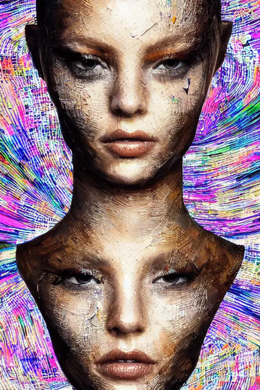 Prompt: photorealism oil painting, close - up portrait of cyborg fashion model with high detailed skin made of random generative art paintings, black background mixed with generative art from artblock, in style of classicism mixed with 8 0 s japanese sci - fi books art