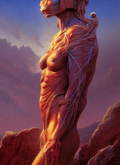 Image similar to biblical beautiful female druid android, shiva, glowing veins, in clouds, sunset, portrait by wayne barlowe, by peter elson, muted colors, by frank frazetta, extreme detail, reflections, trending on artstation, 8 k