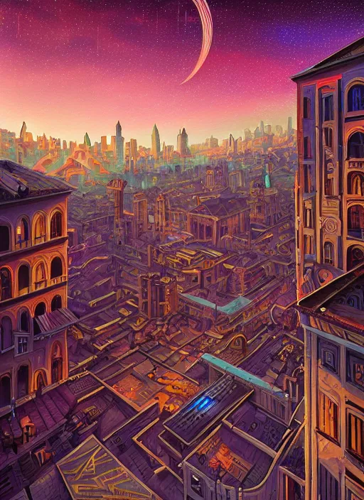 Image similar to ethereal starlit city at sunset, italian futurism, da vinci, Dan Mumford