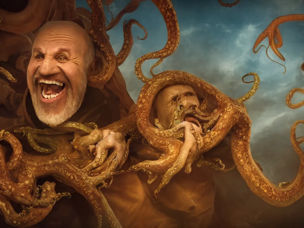 Prompt: a widescreen colorchrome portrait photo of a medieval old happy screaming priest, holding a giant giant octopus, style steve mccurry octane render 8 k