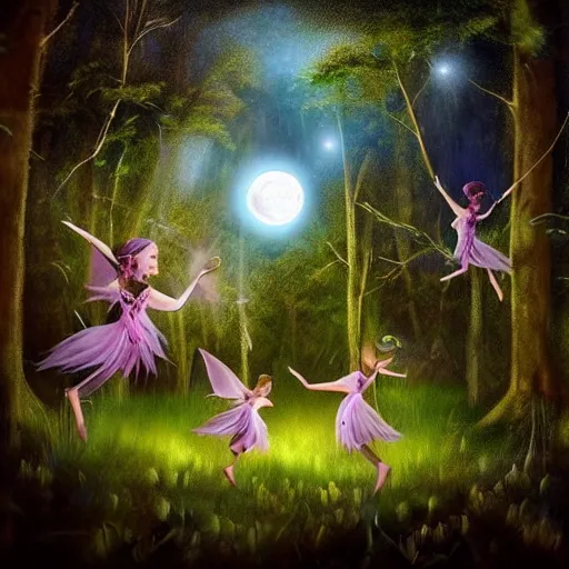 Image similar to Fairies dancing in the woods by full moon, realistic photo, surreal, beautiful, extremely detailed, trending on art station