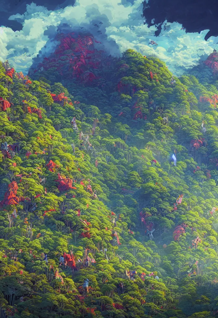 Prompt: Upscaled Hyperdetailed portrait of an epic and dramatic stunning hillside Color-ritual scene with a very few tiny Samurai, blue sky with dramatic clouds, the jungle at the background, Intricate line art, finely detailed art station winner by Kilian Eng and by Jake Parker, vibrant colors, winning-award masterpiece, fantastically gaudy, aesthetic octane render, 8K HD Resolution