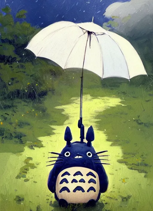 Image similar to portrait of adorable life size Totoro with umbrella, countryside near forest, calm, fantasy character portrait, dynamic pose, above view, sunny day, thunder clouds in the sky, artwork by Jeremy Lipkin and Giuseppe Dangelico Pino and Michael Garmash and Rob Rey, very coherent asymmetrical artwork, sharp edges, perfect face, simple form, 100mm